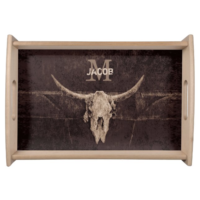 Rustic Western Brown Beige Old Bull Skull Monogram Serving Tray (Front)