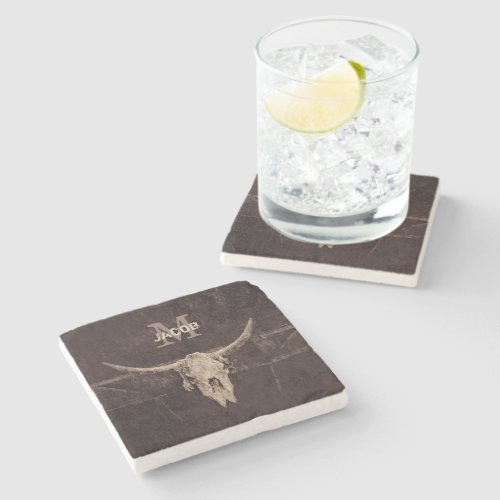 Rustic Western Brown Beige Old Bull Skull Monogram Stone Coaster