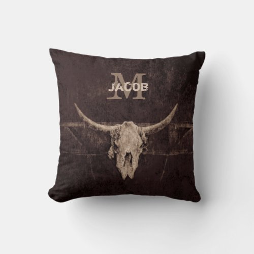 Rustic Western Brown Beige Old Bull Skull Monogram Throw Pillow