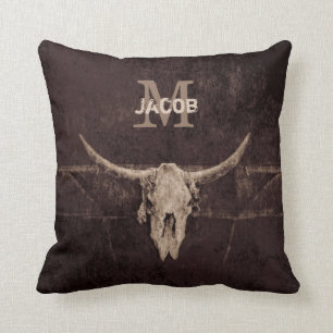 Rustic Western Brown Beige Old Bull Skull Monogram Throw Pillow