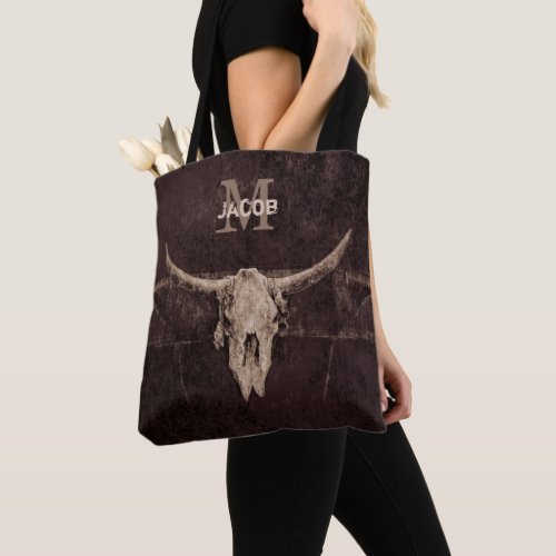 Rustic Western Brown Beige Old Bull Skull Monogram Tote Bag