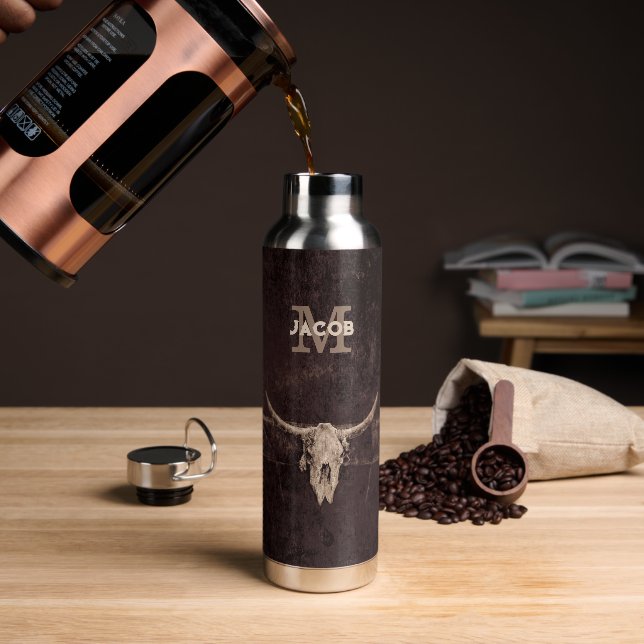 Rustic Western Brown Beige Old Bull Skull Monogram Water Bottle (Coffee)