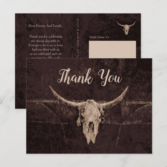 Rustic Western Brown Bull Skull Wedding Country Postcard (Front/Back)