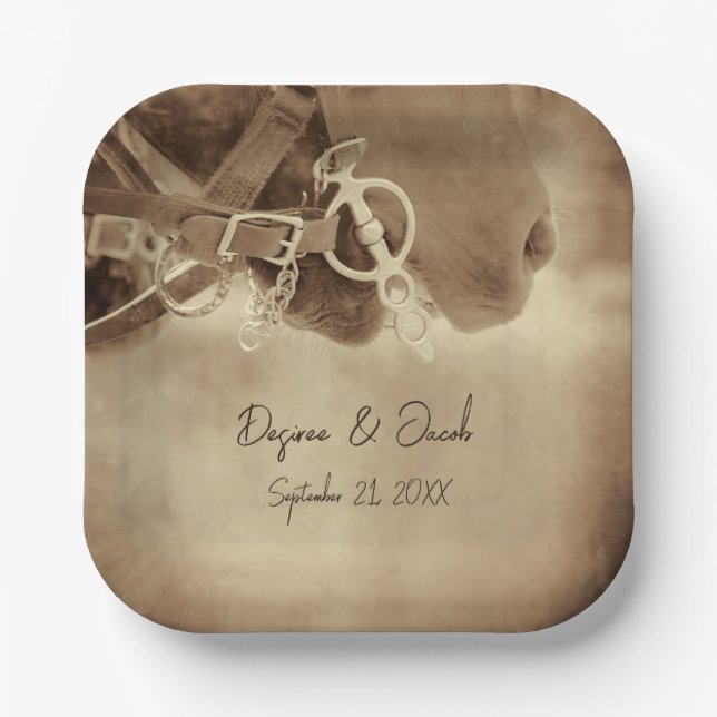 Rustic Western Brown Horse Wedding Paper Plates (Front)