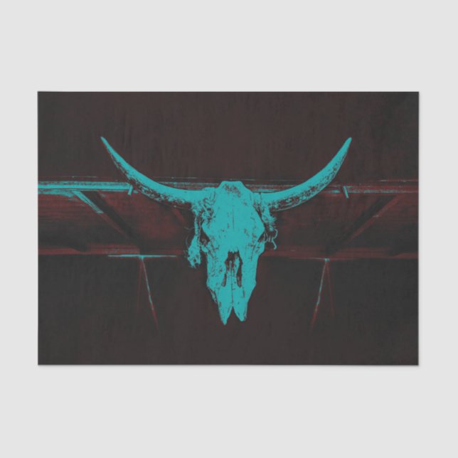 Rustic Western Bull Cow Skull Teal Brown Country Tissue Paper (Front)