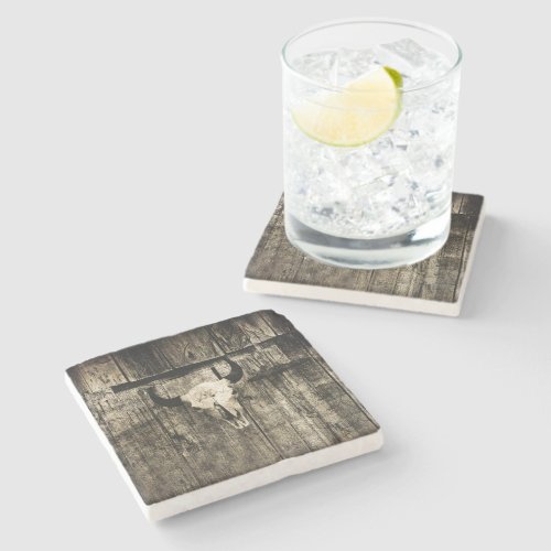 Rustic Western Bull Skull Barn Wood Sepia Vintage Stone Coaster