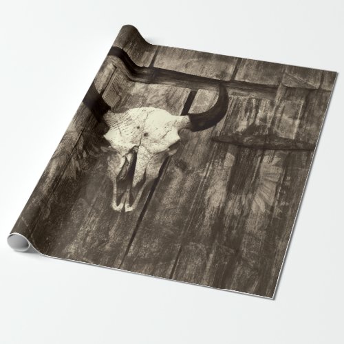 Rustic Western Bull Skull Brown Sepia Sunflowers Wrapping Paper