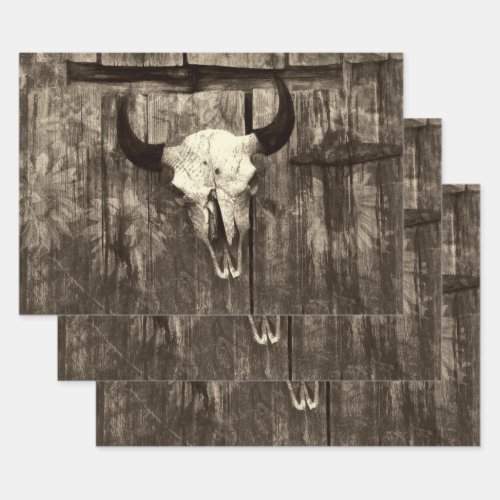 Rustic Western Bull Skull Brown Sepia Sunflowers Wrapping Paper Sheets
