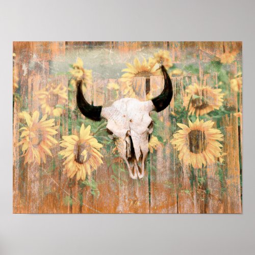 Rustic Western Bull Skull Brown Yellow Sunflowers Poster