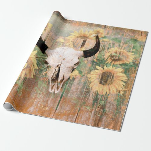Rustic Western Bull Skull Brown Yellow Sunflowers Wrapping Paper