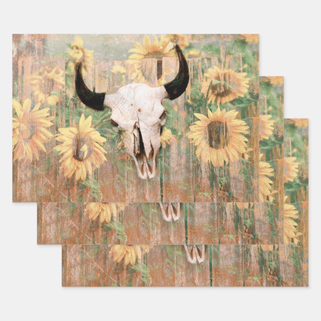 Rustic Western Bull Skull Brown Yellow Sunflowers Wrapping Paper Sheets (Set)
