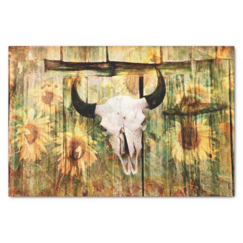 Rustic Western Bull Skull Country Sunflowers Tissue Paper