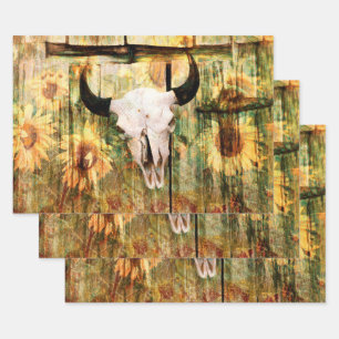 Rustic Western Bull Skull Country Sunflowers Wrapping Paper Sheets