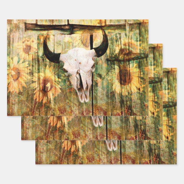 Rustic Western Bull Skull Country Sunflowers Wrapping Paper Sheets (Set)