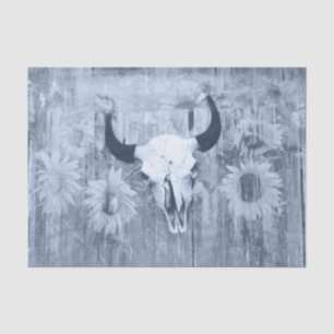 Rustic Western Bull Skull Dusty Blue Sunflowers Tissue Paper