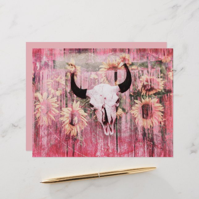 Rustic Western Bull Skull Pink Yellow Sunflowers (Front/Back In Situ)