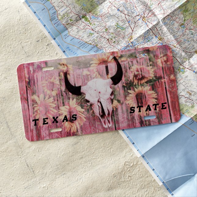 Rustic Western Bull Skull Pink Yellow Sunflowers License Plate (In Situ)