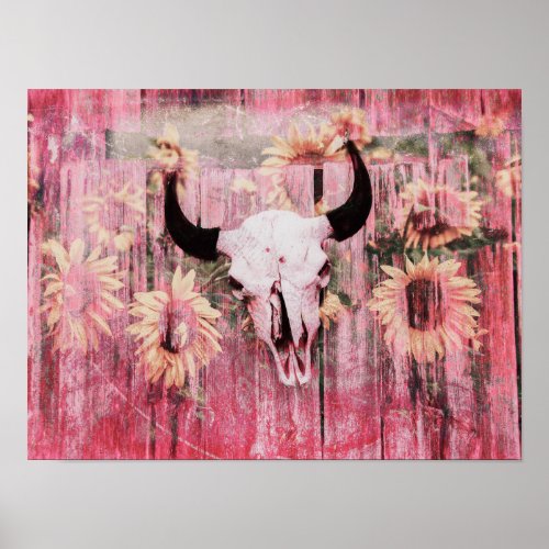 Rustic Western Bull Skull Pink Yellow Sunflowers Poster