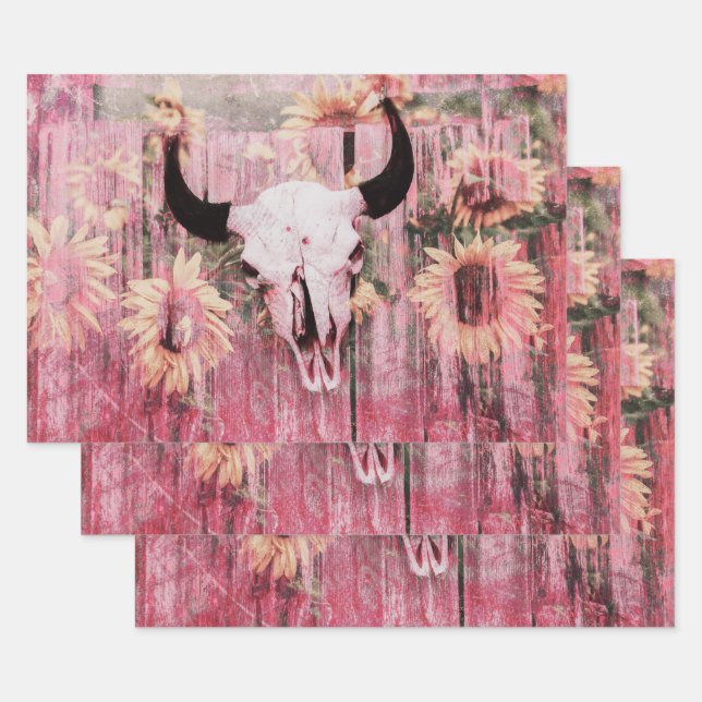 Rustic Western Bull Skull Pink Yellow Sunflowers Wrapping Paper Sheets (Set)