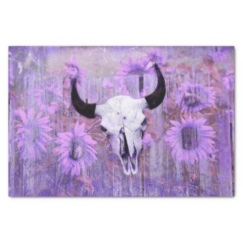 Rustic Western Bull Skull Purple Boho Sunflowers Tissue Paper