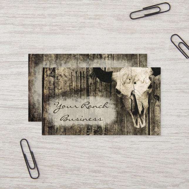  Rustic Western Bull Skull Sepia Vintage Business Card (Front/Back In Situ)