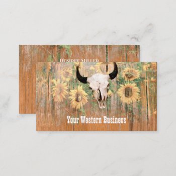 Rustic Western Bull Skull Sunflowers Wood Texture Business Card by MargSeregelyiPhoto at Zazzle