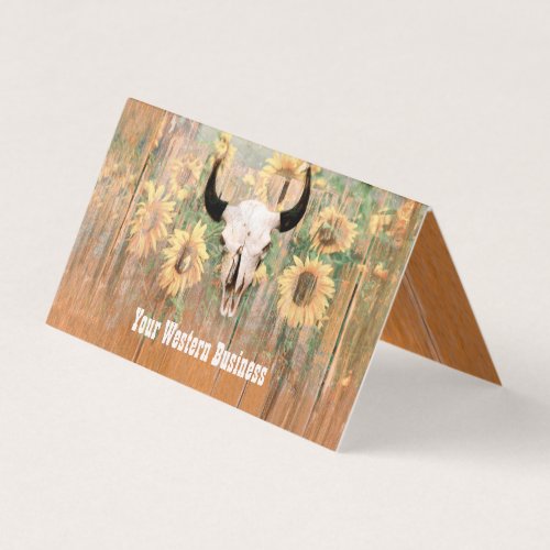 Rustic Western Bull Skull Sunflowers Wood Texture Business Card