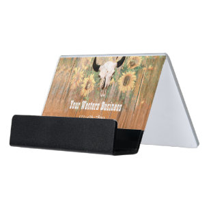 Rustic Western Bull Skull Sunflowers Wood Texture Desk Business Card Holder