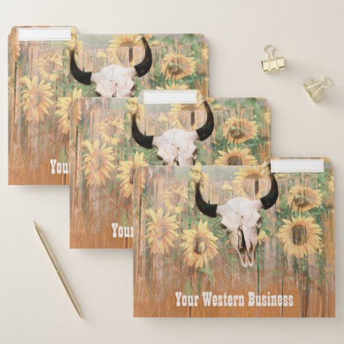 Rustic Western Bull Skull Sunflowers Wood Texture File Folder