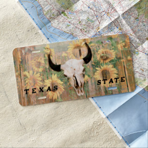 Rustic Western Bull Skull Sunflowers Wood Texture License Plate