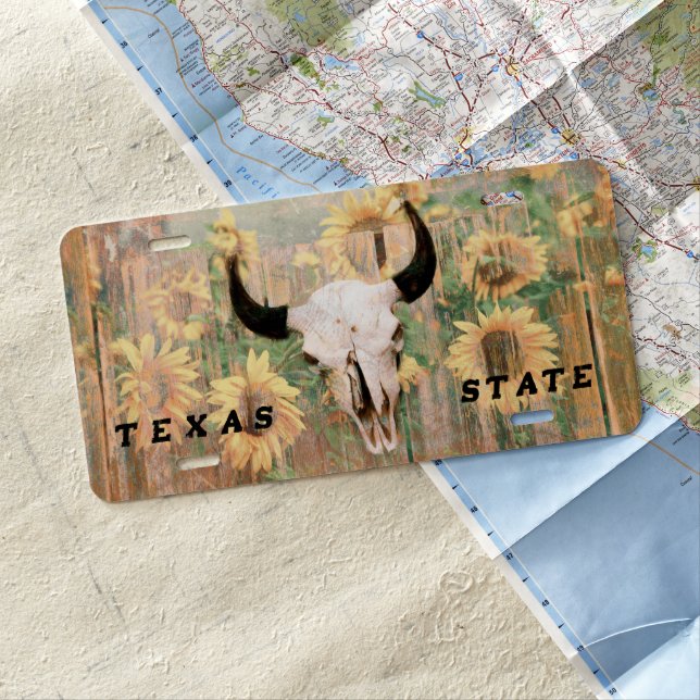 Rustic Western Bull Skull Sunflowers Wood Texture License Plate (In Situ)