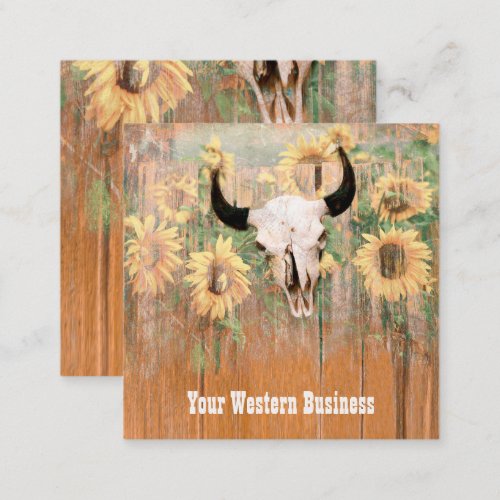 Rustic Western Bull Skull Sunflowers Wood Texture Square Business Card