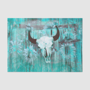 Rustic Western Bull Skull Teal Boho Sunflowers Tissue Paper