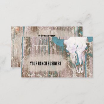 Rustic Western Bull Skull Teal Brown Texture Business Card by MargSeregelyiPhoto at Zazzle