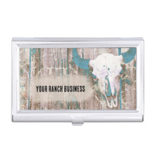 Rustic Western Bull Skull Teal Brown Texture Business Card Case