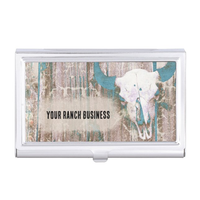 Rustic Western Bull Skull Teal Brown Texture Business Card Case (Front)