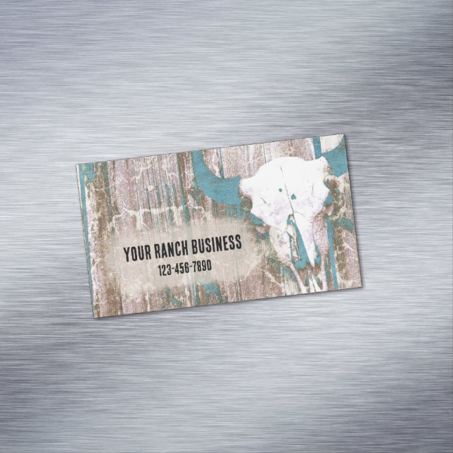 Rustic Western Bull Skull Teal Brown Texture Business Card Magnet (In Situ)