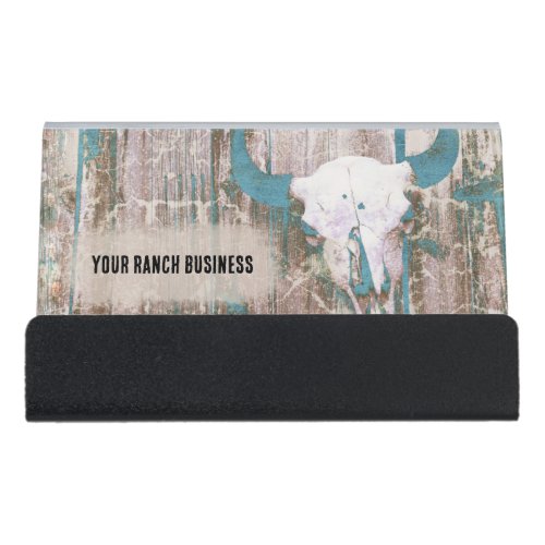 Rustic Western Bull Skull Teal Brown Texture Desk Business Card Holder