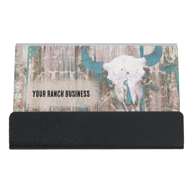 Rustic Western Bull Skull Teal Brown Texture Desk Business Card Holder (Front)