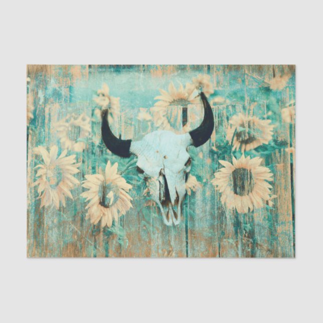 Rustic Western Bull Skull Teal Yellow Sunflowers Tissue Paper (Front)