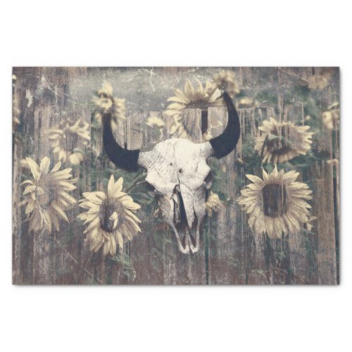 Rustic Western Bull Skull Texture Sunflowers Tissue Paper