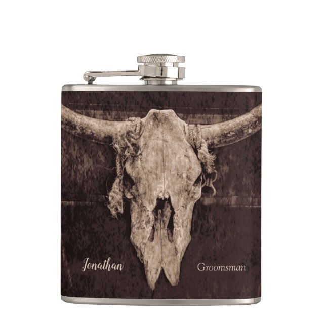 Rustic Western Bull Skull Wedding Country Texture Flask (Front)