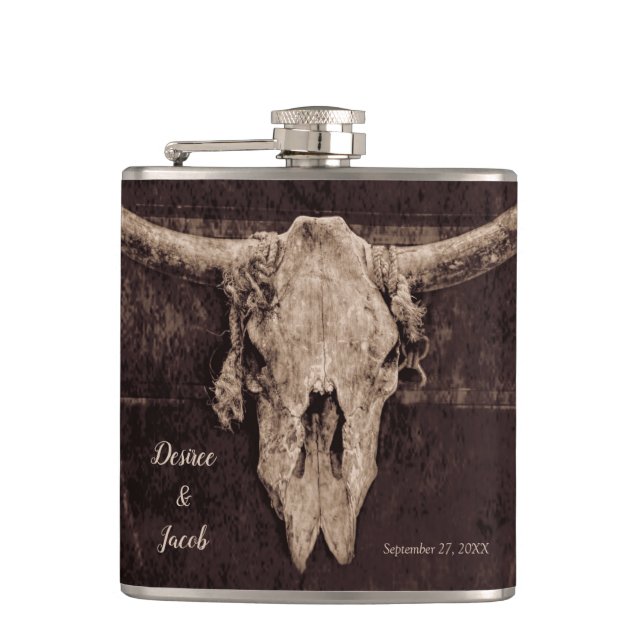 Rustic Western Bull Skull Wedding Country Texture Flask (Front)
