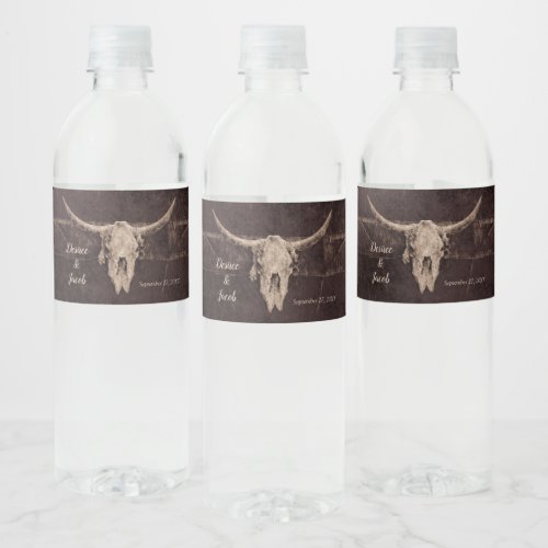 Rustic Western Bull Skull Wedding Country Texture Water Bottle Label