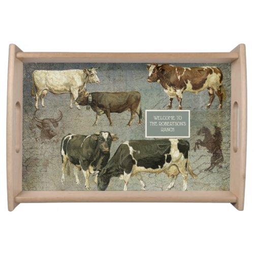 Rustic Western Cattle Ranch Cows Blue Barn Wood Serving Tray