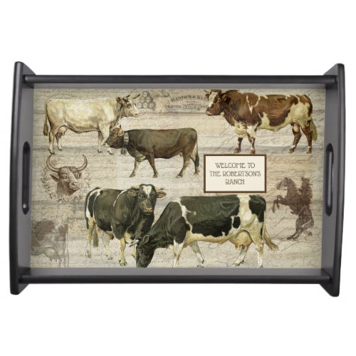 Rustic Western Cattle Ranch Cows Wood Farmhouse Serving Tray