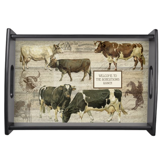 Rustic Western Cattle Ranch Cows Wood Farmhouse Serving Tray (Front)