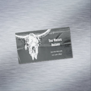 Rustic Western Charcoal Grey White Bull Cow Skull Business Card Magnet