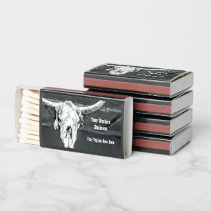 Rustic Western Charcoal Grey White Bull Cow Skull Matchboxes
