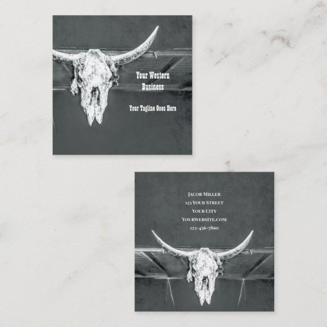 Rustic Western Charcoal Grey White Bull Cow Skull Square Business Card (Front/Back)